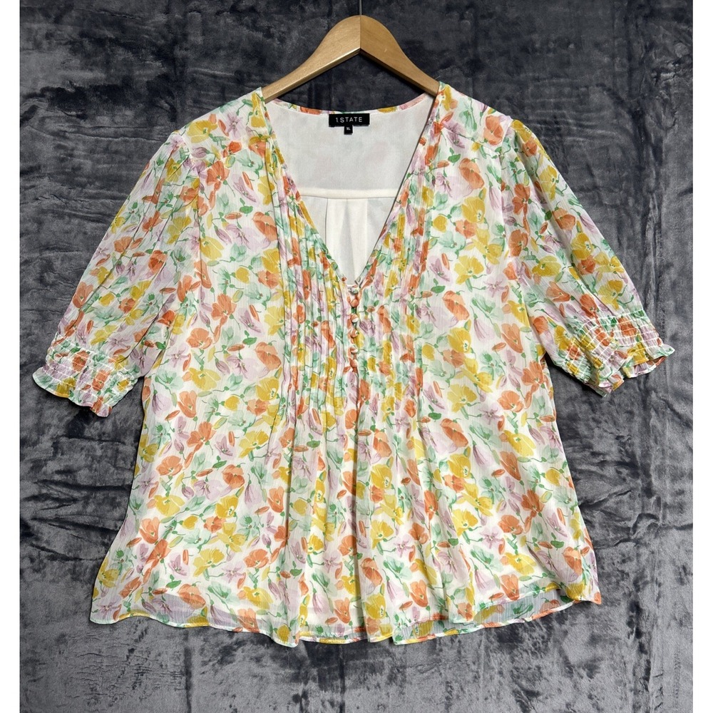 1‎ State XL Floral Blouse Pin Tuck Layered Buttons Smocked Sleeve Cottagecore
